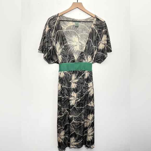 Anthropologie Maple 100% Silk Kimono Style Dress Sz S Leaf Print With Green Sash - Picture 2 of 5